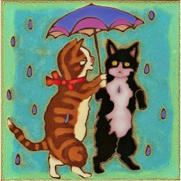 Kitties  Dancing in the Rain - Hand Painted Ceramic Tile
